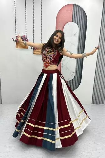 Multicolor Pur Rayon Cotton Navratri Lehenga Choli with 6 Meter Flair and Real Mirror Work