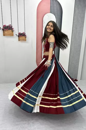 Multicolor Pur Rayon Cotton Navratri Lehenga Choli with 6 Meter Flair and Real Mirror Work