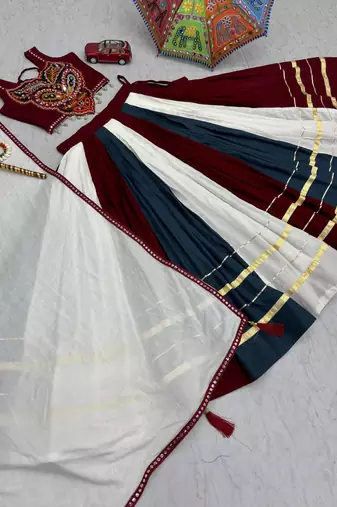 Multicolor Pur Rayon Cotton Navratri Lehenga Choli with 6 Meter Flair and Real Mirror Work