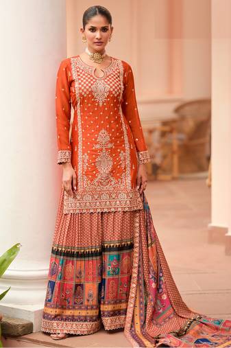 Orange embroidered printed chinon silk free size stitched readymade straight palazzo suit set with palazzo
