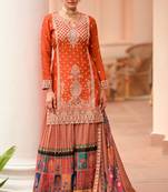 Orange embroidered printed chinon silk free size stitched readymade straight palazzo suit set with palazzo