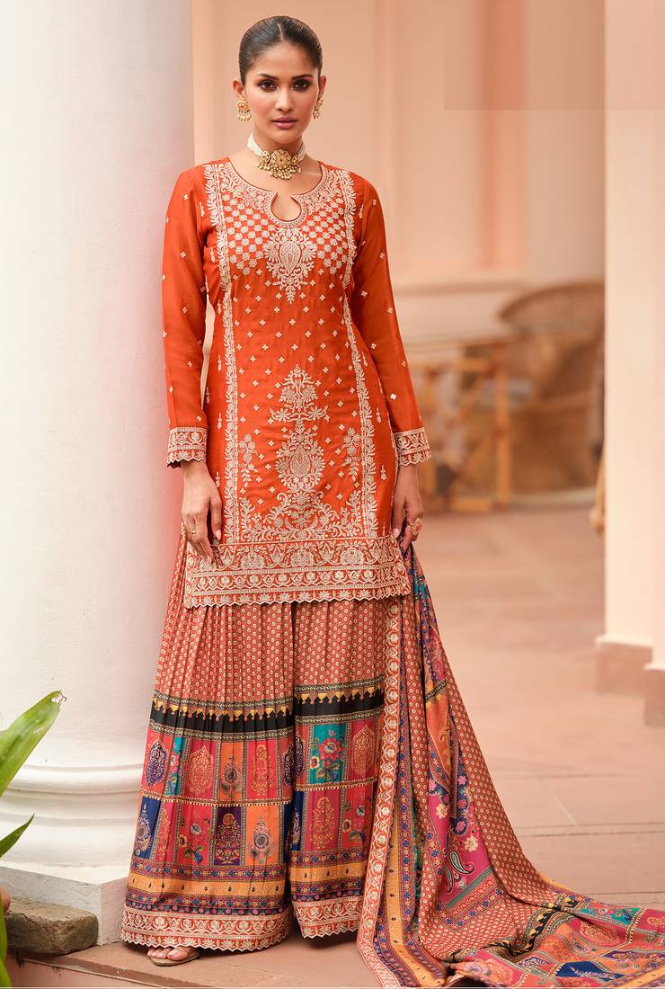 Orange embroidered printed chinon silk free size stitched readymade straight palazzo suit set with palazzo