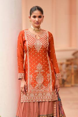 Orange embroidered printed chinon silk free size stitched readymade straight palazzo suit set with palazzo 2