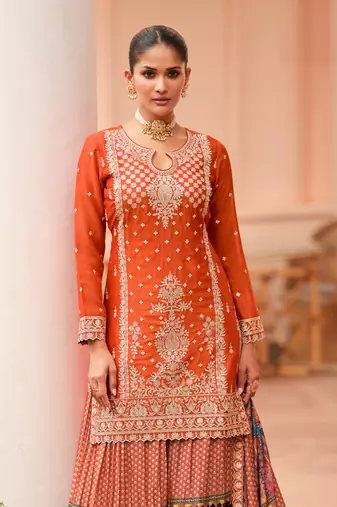 Orange embroidered printed chinon silk free size stitched readymade straight palazzo suit set with palazzo
