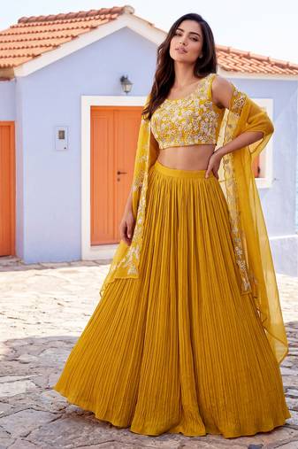 Yellow handwork embroidered chiffon readymade jacket style free size stitched lehenga set with pleated lehenga