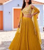 Yellow handwork embroidered chiffon readymade jacket style free size stitched lehenga set with pleated lehenga