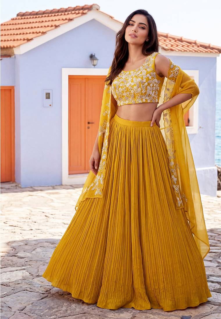 Yellow handwork embroidered chiffon readymade jacket style free size stitched lehenga set with pleated lehenga