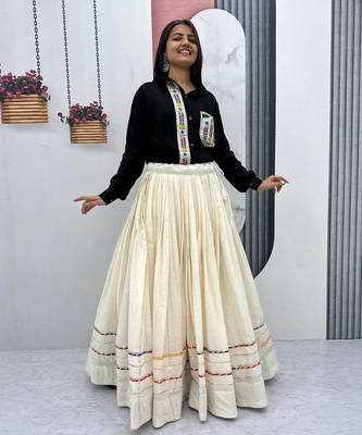 Navratri Wear Black Off White Cotton Solid Flared Lehenga With Shirt Full Stitched 2