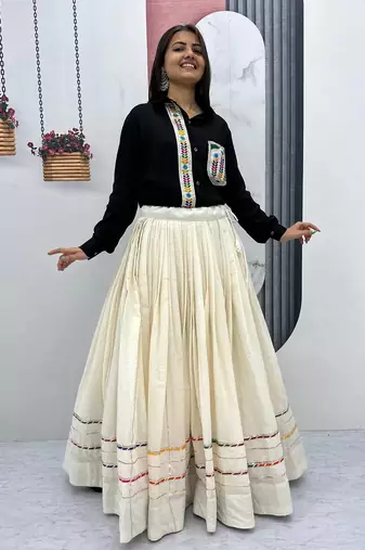 Navratri Wear Black Off White Cotton Solid Flared Lehenga With Shirt Full Stitched