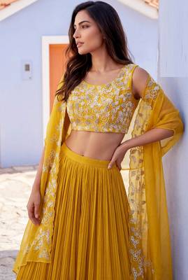 Yellow handwork embroidered chiffon readymade jacket style free size stitched lehenga set with pleated lehenga 2