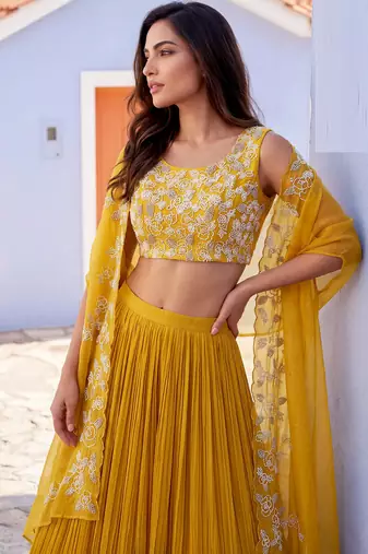 Yellow handwork embroidered chiffon readymade jacket style free size stitched lehenga set with pleated lehenga