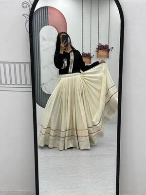 Navratri Wear Black Off White Cotton Solid Flared Lehenga With Shirt Full Stitched 3