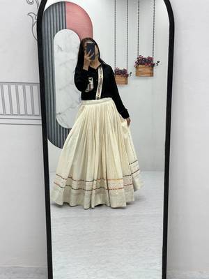 Navratri Wear Black Off White Cotton Solid Flared Lehenga With Shirt Full Stitched 4