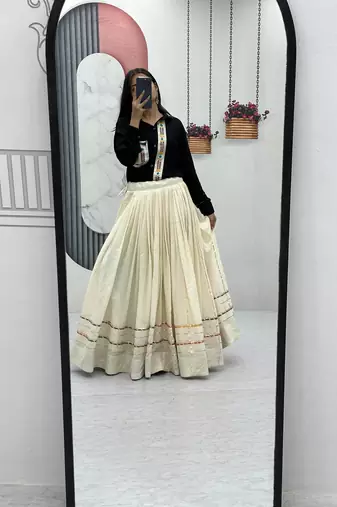 Navratri Wear Black Off White Cotton Solid Flared Lehenga With Shirt Full Stitched