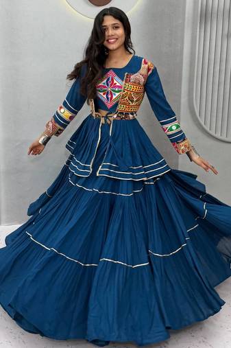 blue cotton navratri special lehenga choli with gamthi work