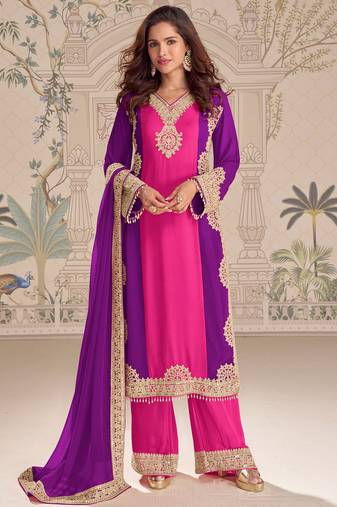 Pink embroidepink georgette free size stitched readymade straight palazzo suit set with palazzo