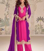 Pink embroidepink georgette free size stitched readymade straight palazzo suit set with palazzo