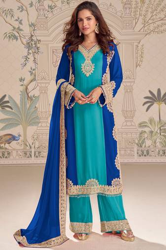 Blue embroideblue georgette free size stitched readymade straight palazzo suit set with palazzo
