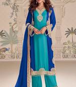 Blue embroideblue georgette free size stitched readymade straight palazzo suit set with palazzo