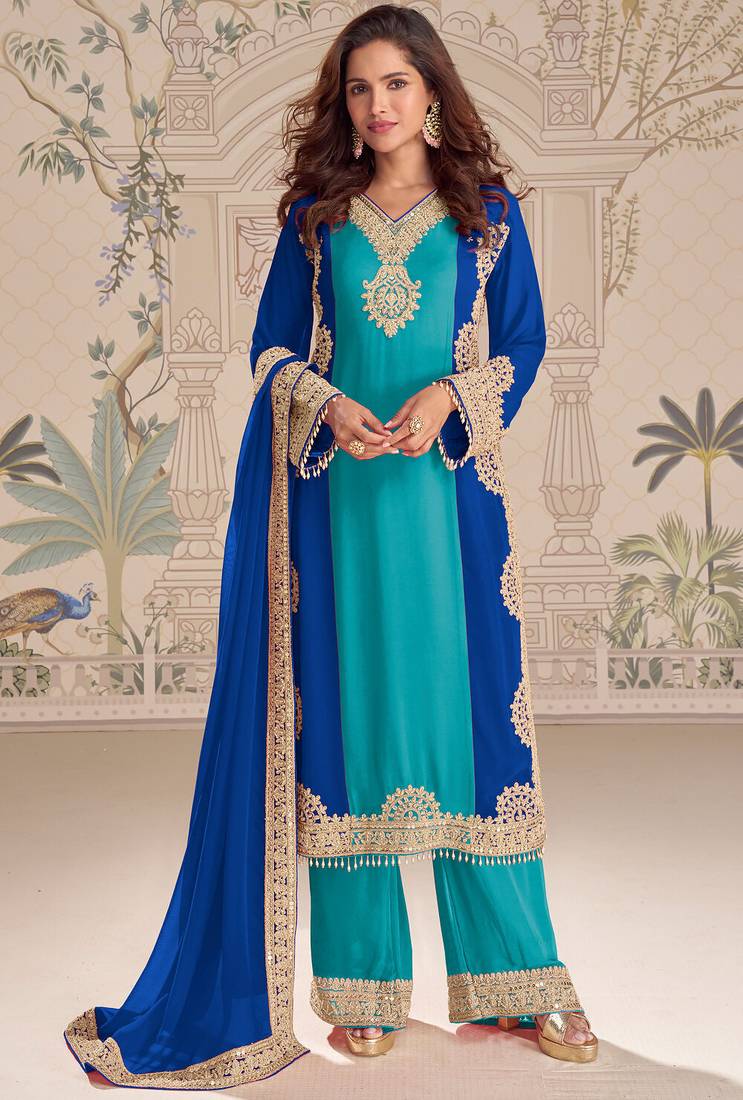 Blue embroideblue georgette free size stitched readymade straight palazzo suit set with palazzo