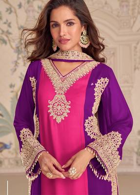Pink embroidepink georgette free size stitched readymade straight palazzo suit set with palazzo 2