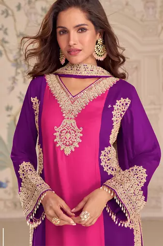 Pink embroidepink georgette free size stitched readymade straight palazzo suit set with palazzo