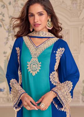Blue embroideblue georgette free size stitched readymade straight palazzo suit set with palazzo 2