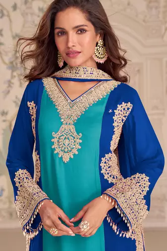 Blue embroideblue georgette free size stitched readymade straight palazzo suit set with palazzo