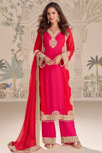 Red embroidered georgette free size stitched readymade straight palazzo suit set with palazzo