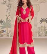 Red embroidered georgette free size stitched readymade straight palazzo suit set with palazzo