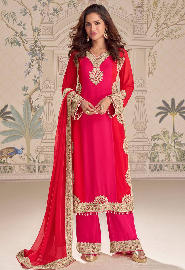 Red embroidered georgette free size stitched readymade straight palazzo suit set with palazzo