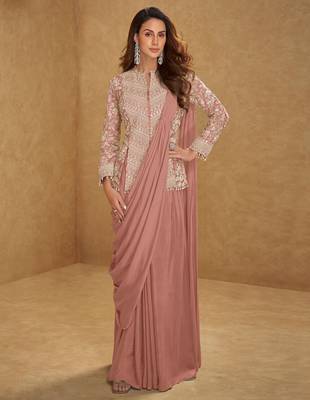 Dusty peach embroidered free size stitched chinon readymade jacket style saree with blouse 1
