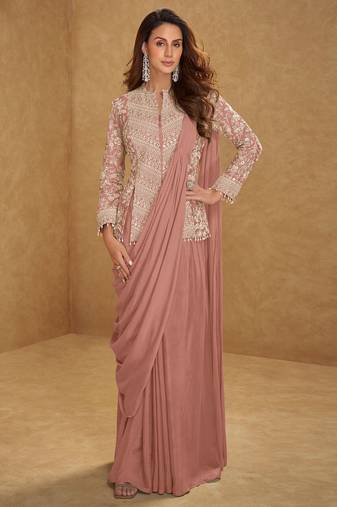 Dusty peach embroidered free size stitched chinon readymade jacket style saree with blouse