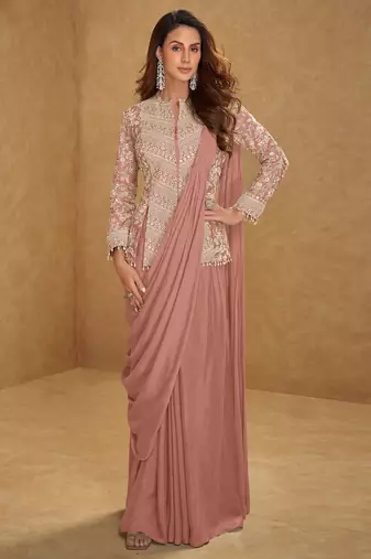 Dusty peach embroidered free size stitched chinon readymade jacket style saree with blouse