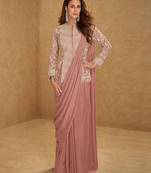 Dusty peach embroidered free size stitched chinon readymade jacket style saree with blouse