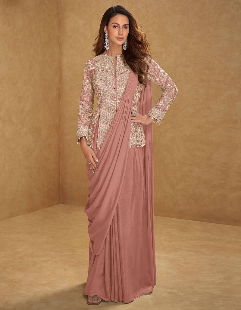 Dusty peach embroidered free size stitched chinon readymade jacket style saree with blouse