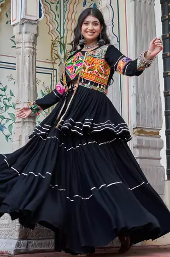 Black Pure Cotton Mirror Gamthi Work Lehenga Choli