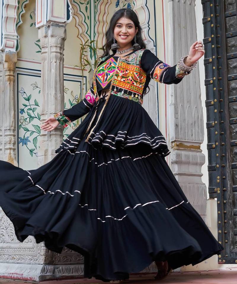 Black Pure Cotton Mirror Gamthi Work Lehenga Choli