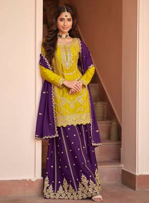 Mustard sequince embroidered chinon free size stitched readymade sharara suit set with dupatta 1