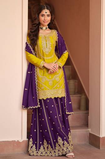 Mustard sequince embroidered chinon free size stitched readymade sharara suit set with dupatta