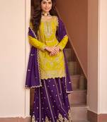 Mustard sequince embroidered chinon free size stitched readymade sharara suit set with dupatta