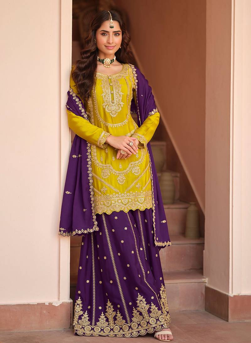 Mustard sequince embroidered chinon free size stitched readymade sharara suit set with dupatta