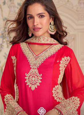 Red embroidered georgette free size stitched readymade straight palazzo suit set with palazzo 2