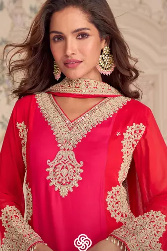 Red embroidered georgette free size stitched readymade straight palazzo suit set with palazzo