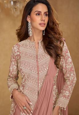 Dusty peach embroidered free size stitched chinon readymade jacket style saree with blouse 2