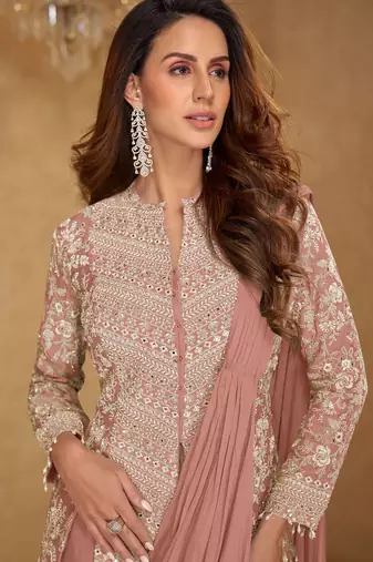 Dusty peach embroidered free size stitched chinon readymade jacket style saree with blouse