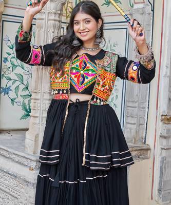 Black Pure Cotton Mirror Gamthi Work Lehenga Choli 2