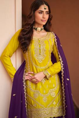 Mustard sequince embroidered chinon free size stitched readymade sharara suit set with dupatta 2
