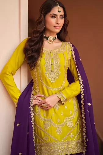 Mustard sequince embroidered chinon free size stitched readymade sharara suit set with dupatta