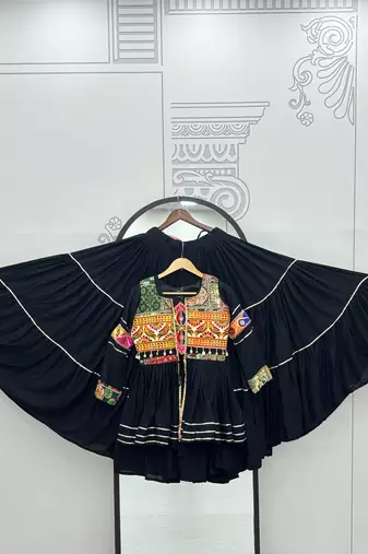 Black Pure Cotton Mirror Gamthi Work Lehenga Choli